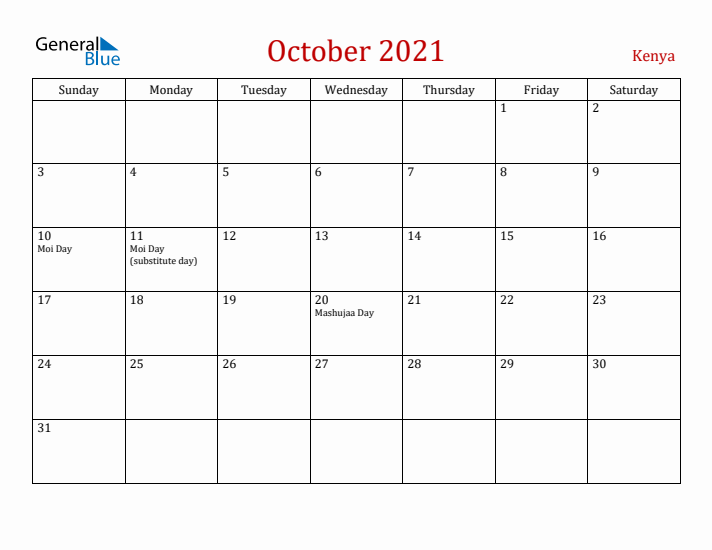 Kenya October 2021 Calendar - Sunday Start