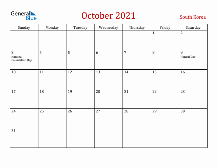 South Korea October 2021 Calendar - Sunday Start