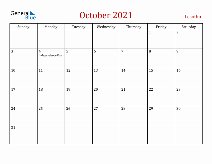 Lesotho October 2021 Calendar - Sunday Start