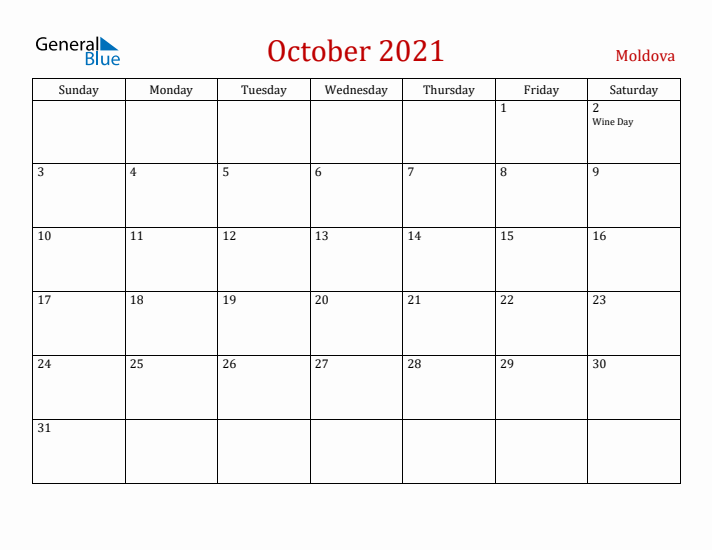 Moldova October 2021 Calendar - Sunday Start