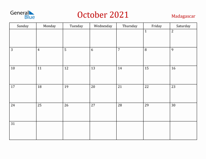 Madagascar October 2021 Calendar - Sunday Start