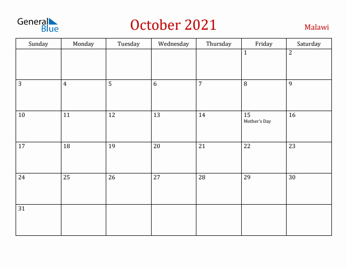 Malawi October 2021 Calendar - Sunday Start