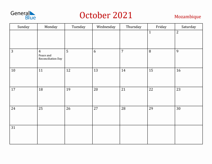 Mozambique October 2021 Calendar - Sunday Start