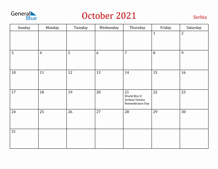 Serbia October 2021 Calendar - Sunday Start