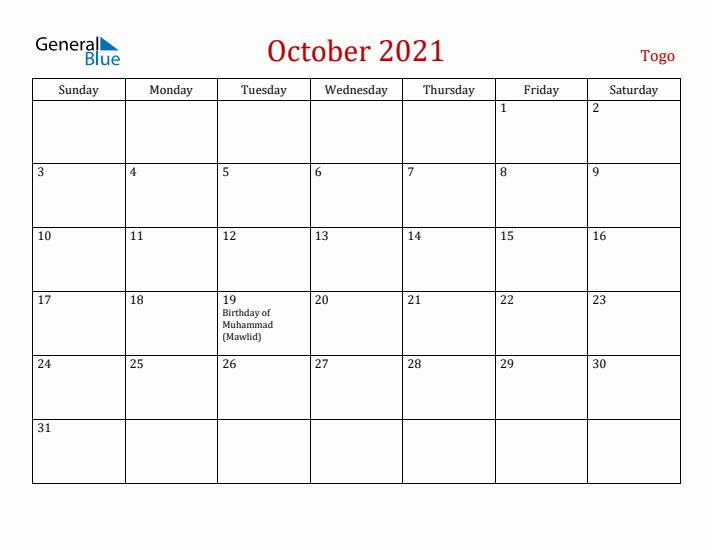 Togo October 2021 Calendar - Sunday Start