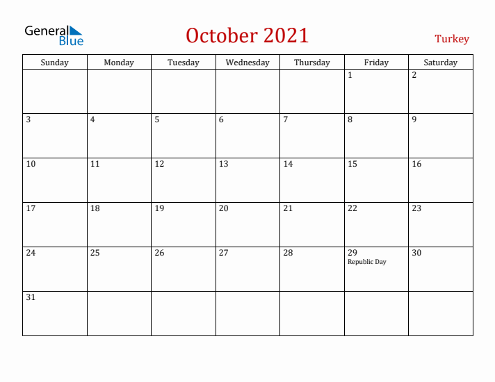Turkey October 2021 Calendar - Sunday Start