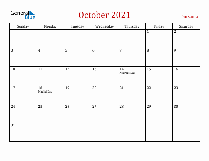 Tanzania October 2021 Calendar - Sunday Start