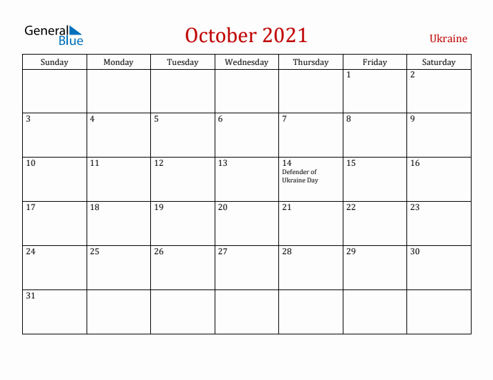Ukraine October 2021 Calendar - Sunday Start
