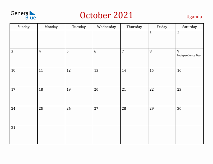 Uganda October 2021 Calendar - Sunday Start