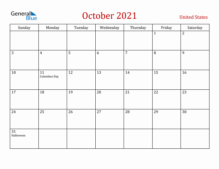 United States October 2021 Calendar - Sunday Start