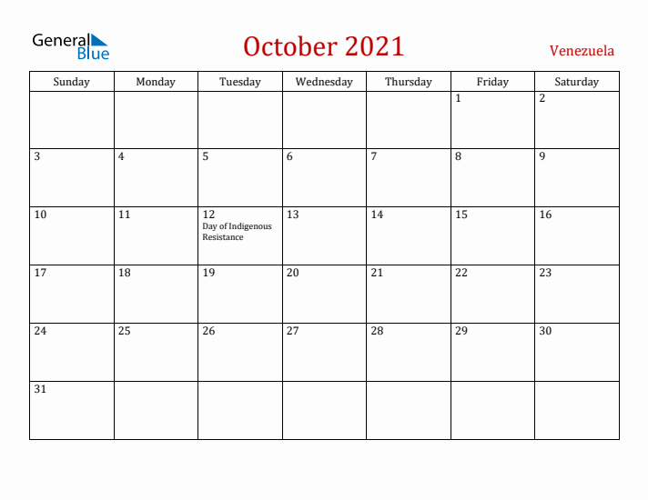 Venezuela October 2021 Calendar - Sunday Start