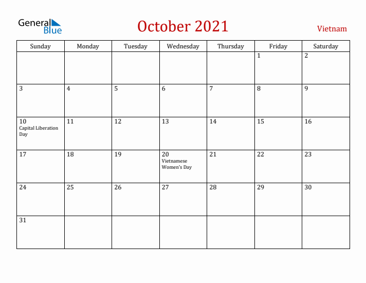 Vietnam October 2021 Calendar - Sunday Start