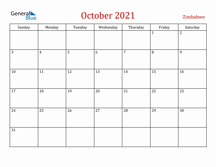 Zimbabwe October 2021 Calendar - Sunday Start