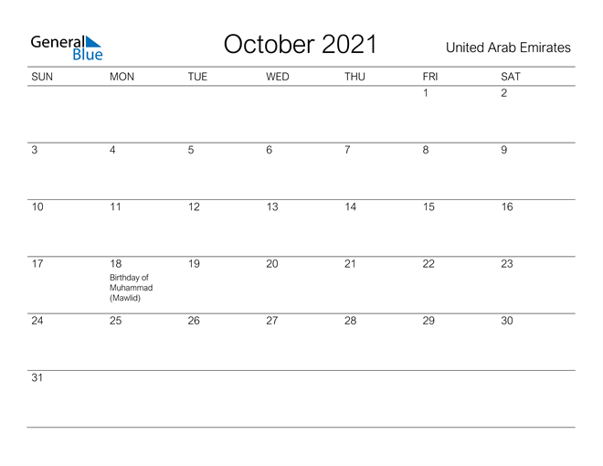 Printable October 2021 Calendar for United Arab Emirates