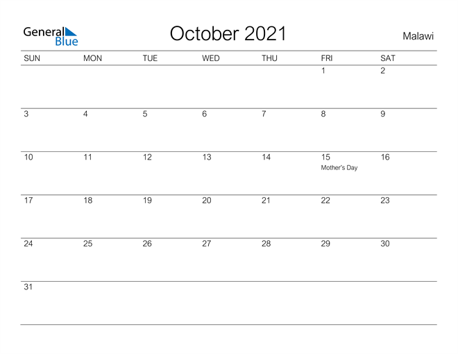 Printable October 2021 Calendar for Malawi