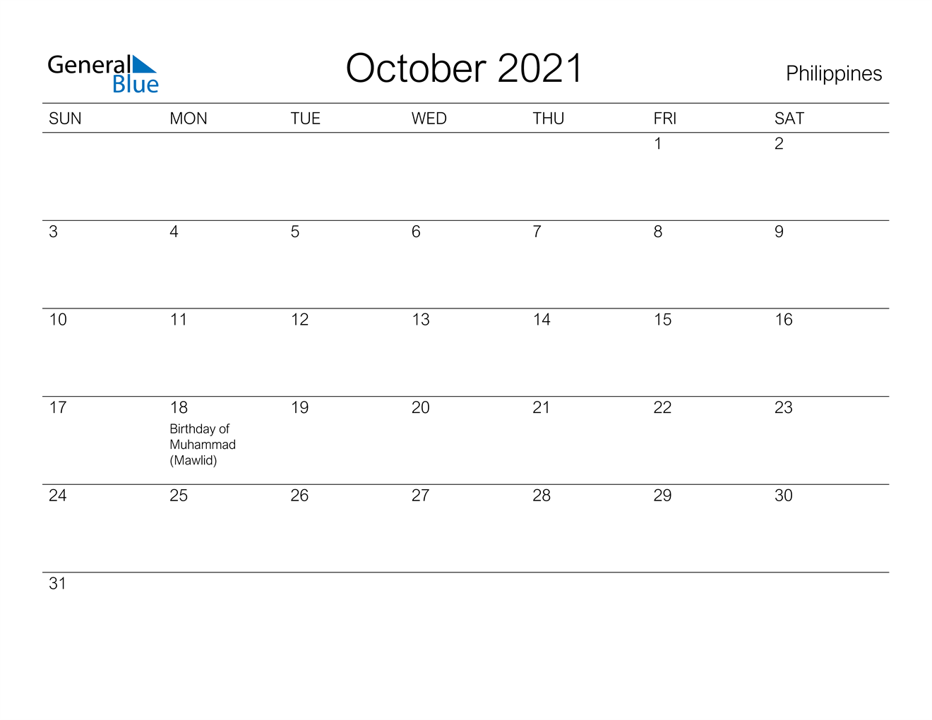 October 2021 Calendar - Philippines