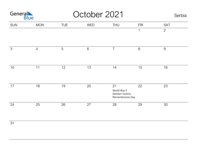 Printable October 2021 Calendar for Serbia