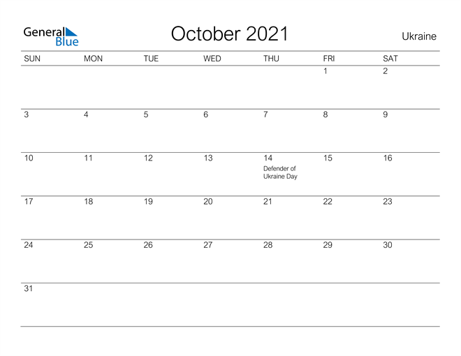 Printable October 2021 Calendar for Ukraine