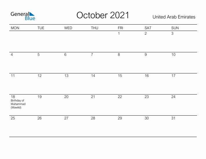 Printable October 2021 Calendar for United Arab Emirates