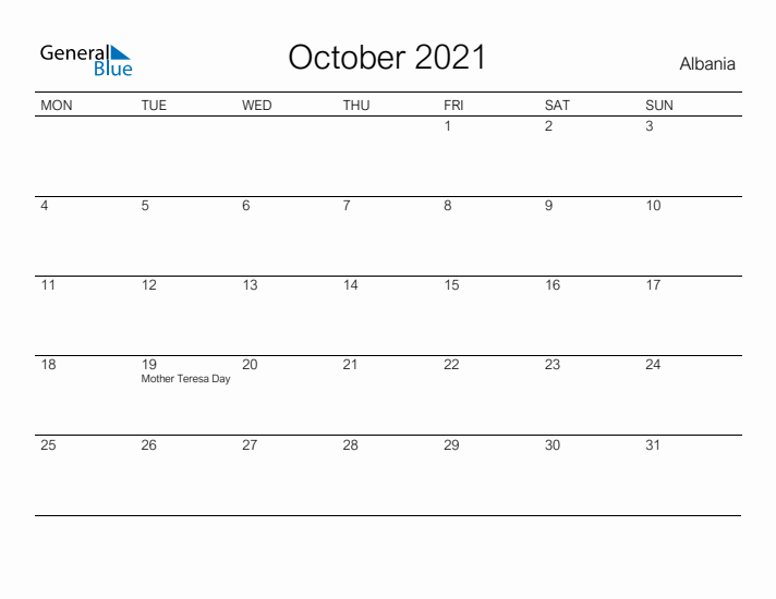 Printable October 2021 Calendar for Albania