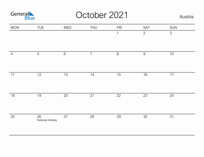 Printable October 2021 Calendar for Austria