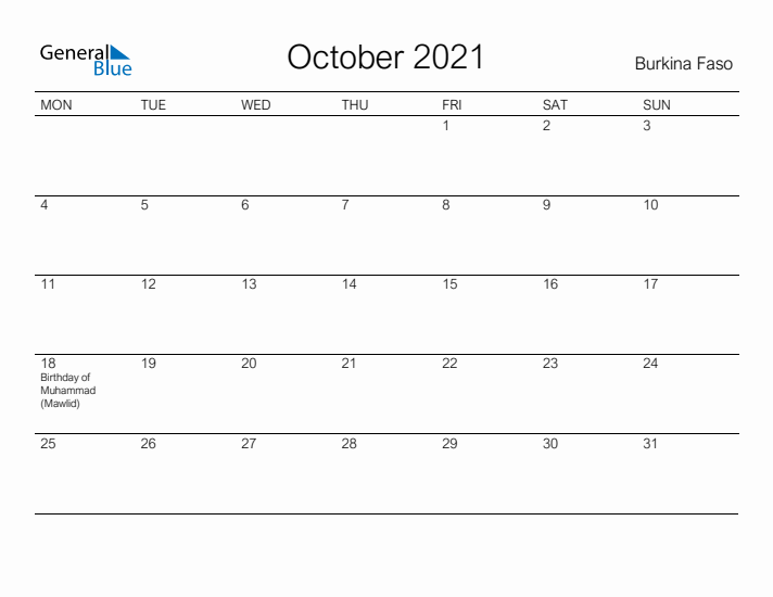 Printable October 2021 Calendar for Burkina Faso