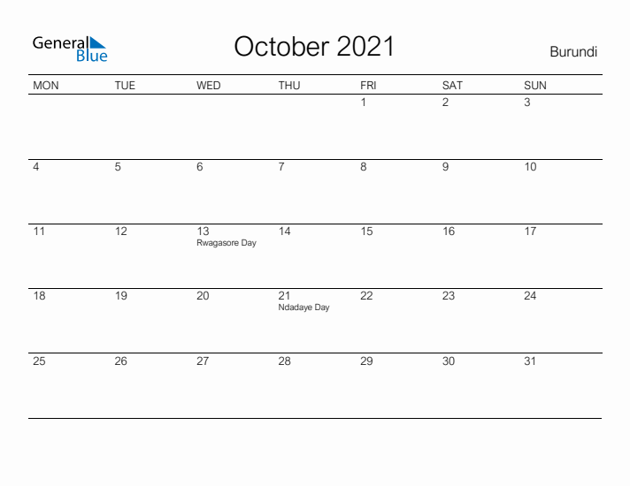 Printable October 2021 Calendar for Burundi