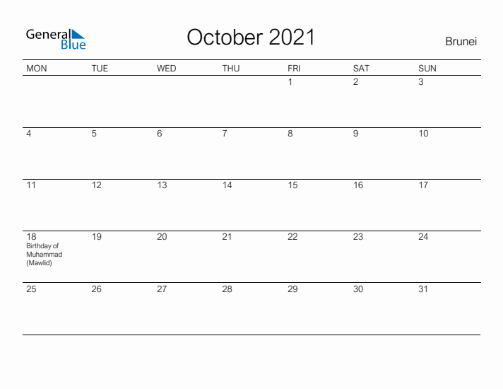 Printable October 2021 Calendar for Brunei