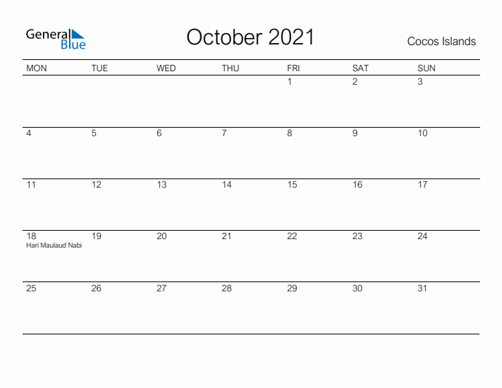 Printable October 2021 Calendar for Cocos Islands