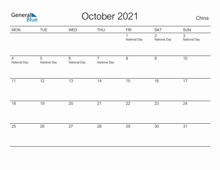 Printable October 2021 Calendar for China