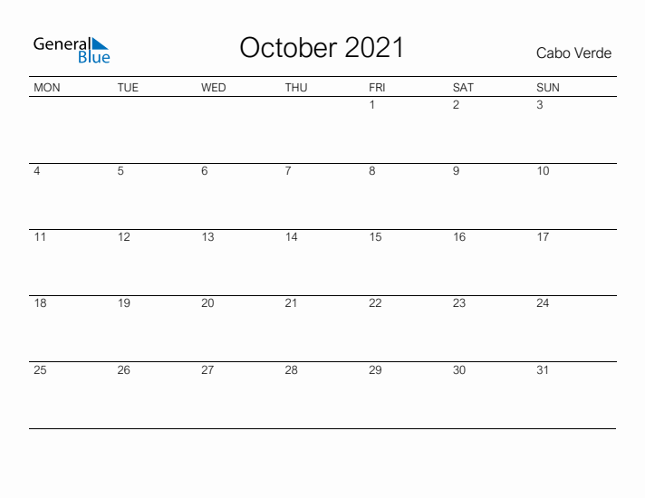 Printable October 2021 Calendar for Cabo Verde