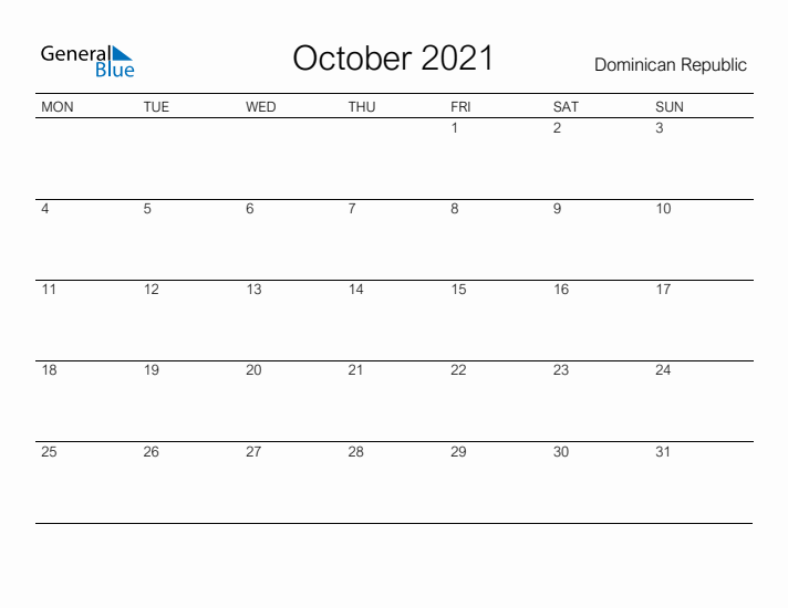 Printable October 2021 Calendar for Dominican Republic