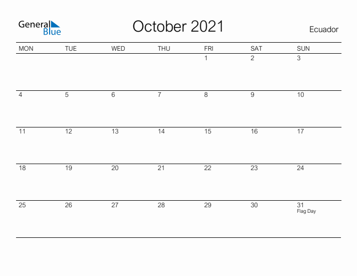 Printable October 2021 Calendar for Ecuador