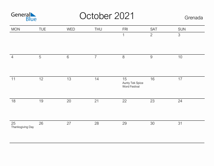 Printable October 2021 Calendar for Grenada