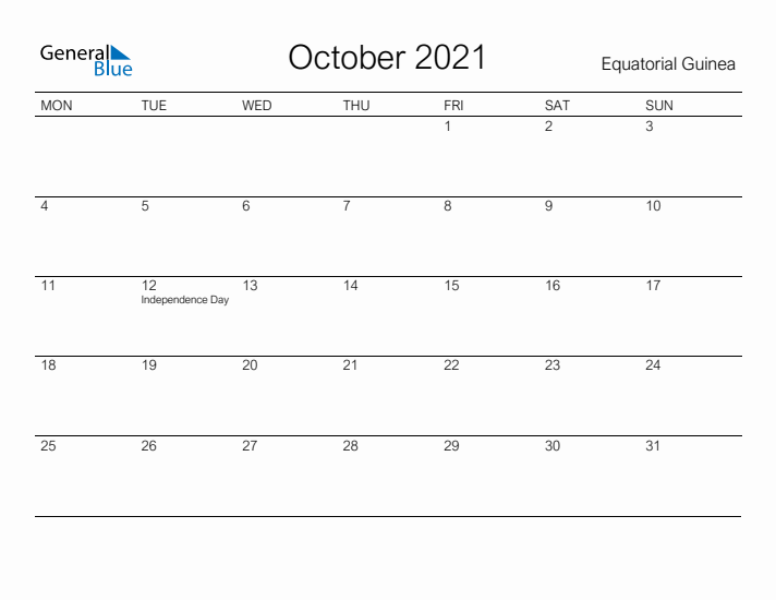 Printable October 2021 Calendar for Equatorial Guinea