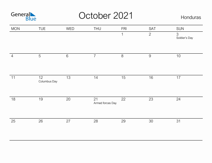 Printable October 2021 Calendar for Honduras