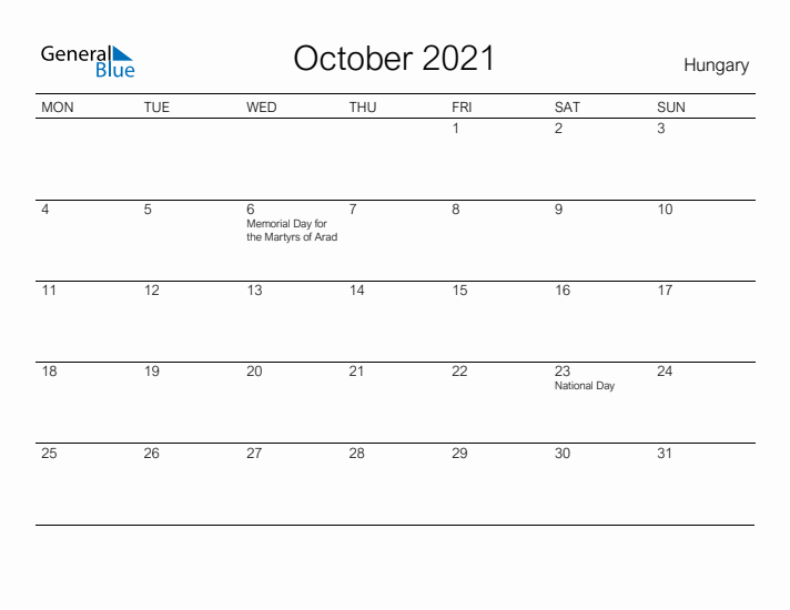 Printable October 2021 Calendar for Hungary