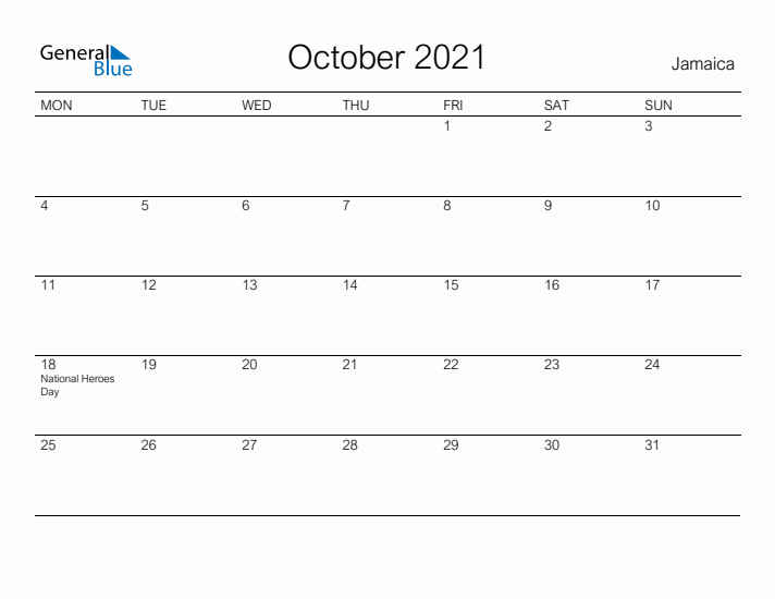 Printable October 2021 Calendar for Jamaica