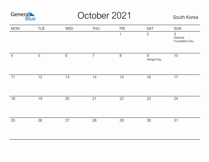 Printable October 2021 Calendar for South Korea