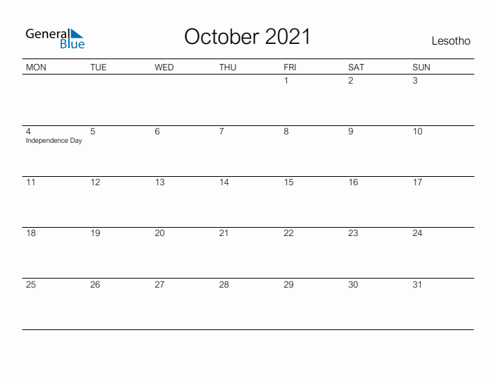 Printable October 2021 Calendar for Lesotho