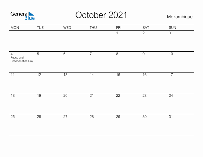 Printable October 2021 Calendar for Mozambique