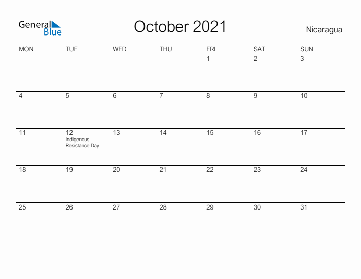 Printable October 2021 Calendar for Nicaragua