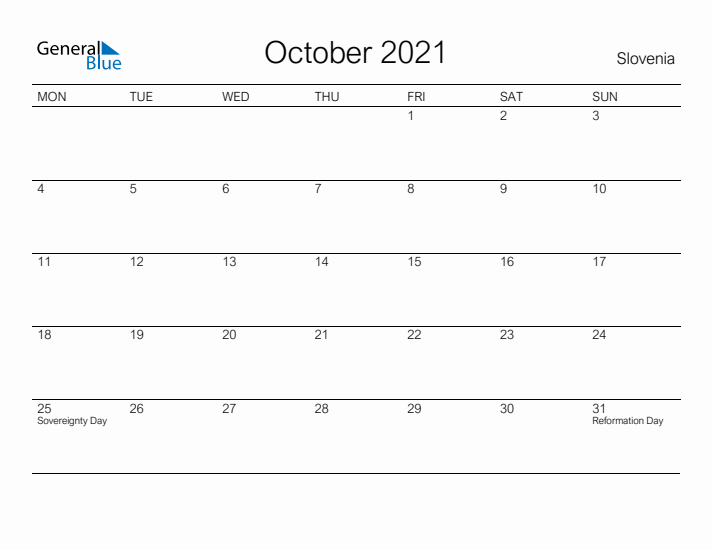 Printable October 2021 Calendar for Slovenia