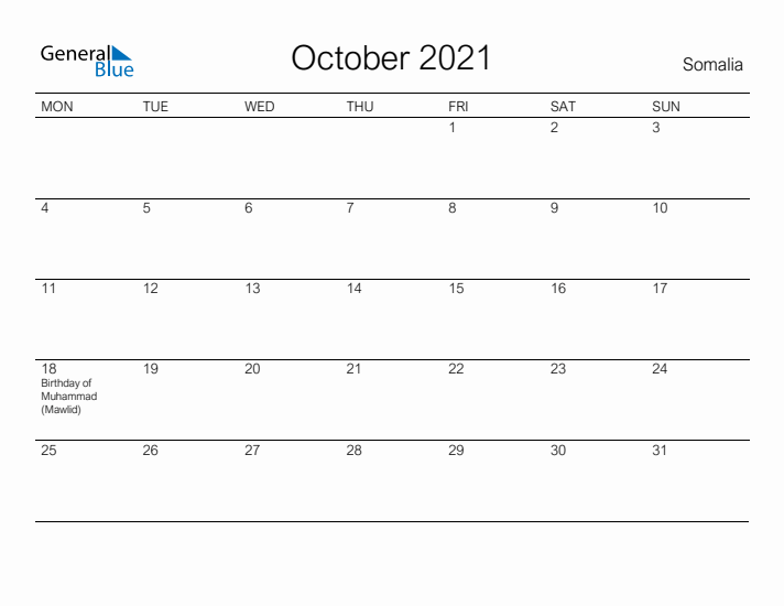 Printable October 2021 Calendar for Somalia