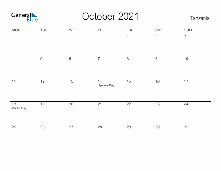 Printable October 2021 Calendar for Tanzania
