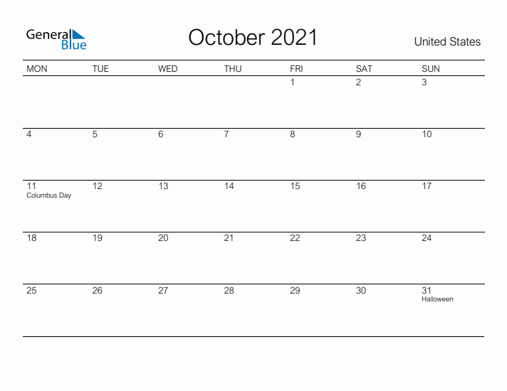 Printable October 2021 Calendar for United States