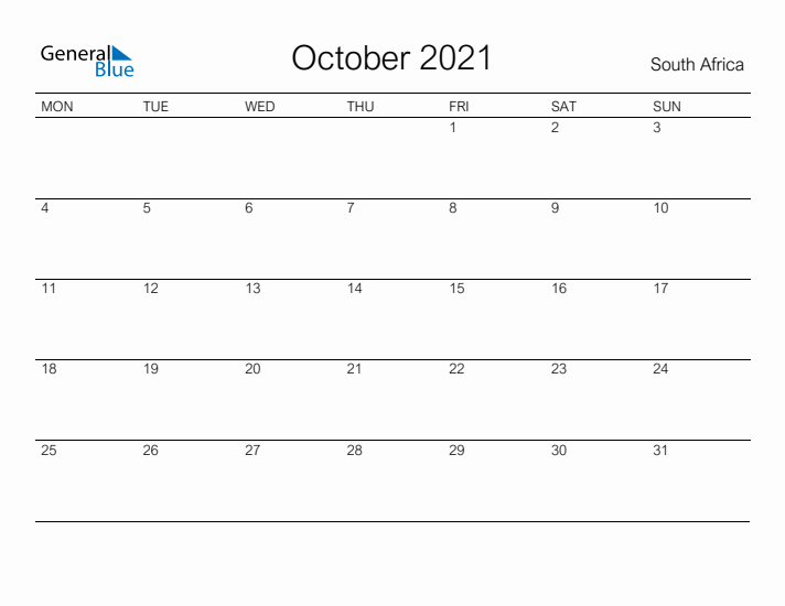 Printable October 2021 Calendar for South Africa
