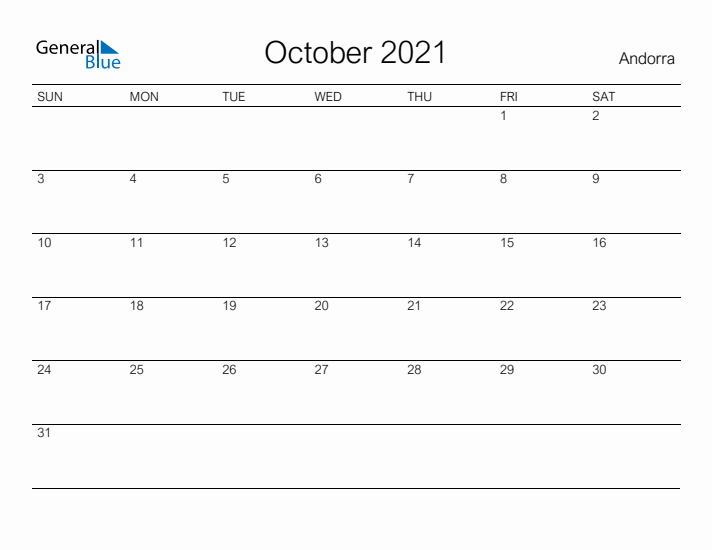 Printable October 2021 Calendar for Andorra