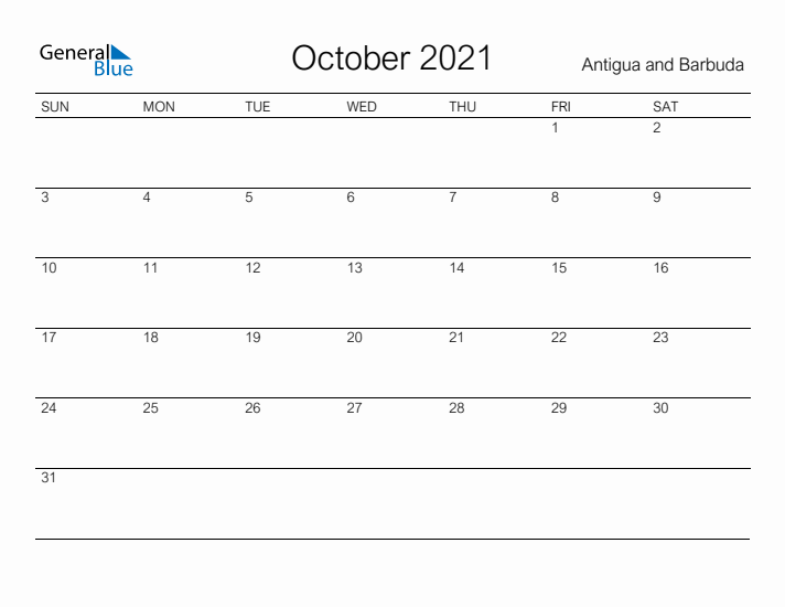 Printable October 2021 Calendar for Antigua and Barbuda