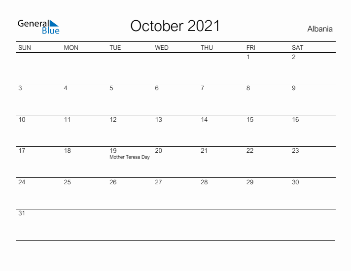 Printable October 2021 Calendar for Albania